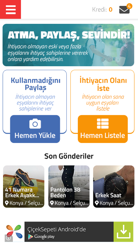 Atma Paylaş Sevindir! Mobil Uygulama Anasayfa Arayüzü